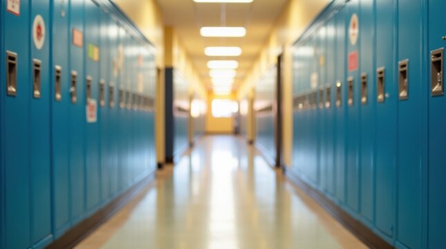 Pasillo escolar vac&iacute;o con casilleros brillantes