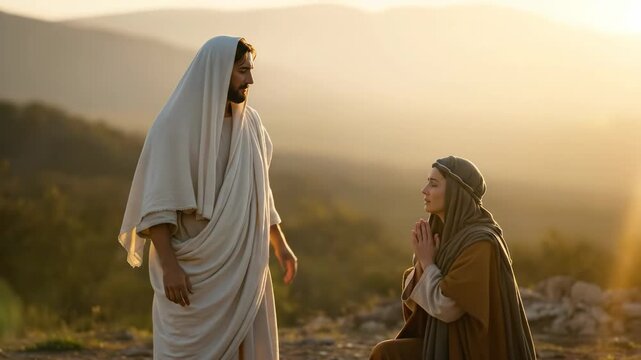  Jesus, meeting Mary Magdalene after his resurrection with a woman praying in belief and devotion