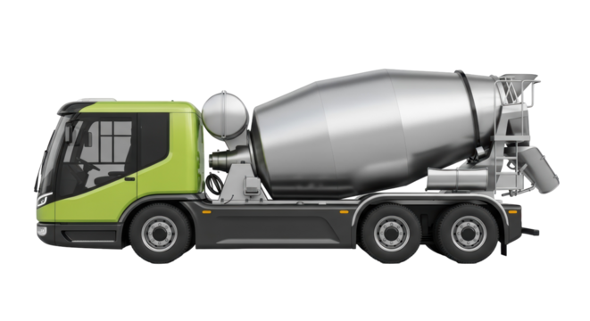 Green cement mixer truck PNG isolated on transparent background, construction vehicle for building and industrial projects