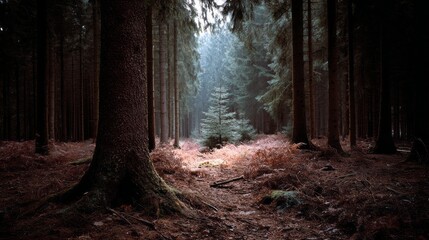 Obraz premium Deep in the heart of the forest, beams of sunlight pierce the thick canopy, revealing a solitary tree amidst dark, towering pines and earthy ferns, creating a tranquil setting
