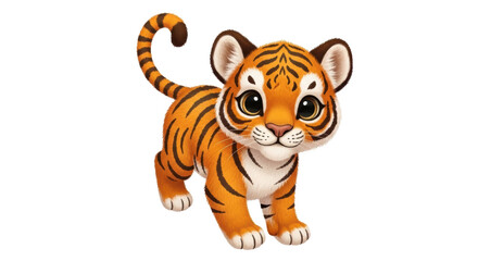 Adorable baby tiger cub PNG isolated on transparent background, cute cartoon animal with orange fur and black stripes for kids design