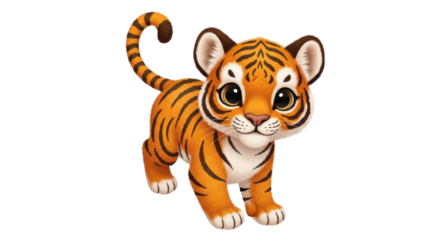 Adorable baby tiger cub PNG isolated on transparent background, cute cartoon animal with orange fur and black stripes for kids design