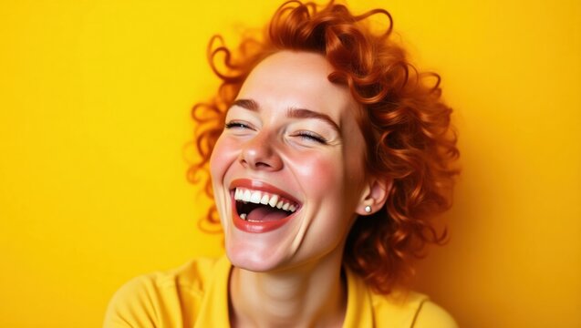 Composici&oacute;n amarilla con una encantadora mujer pelirroja sonriente
