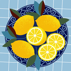 whole and sliced lemons on a plate with a patterned border, top view. flat drawing with texture and linear elements. stock vector illustration. EPS 10.