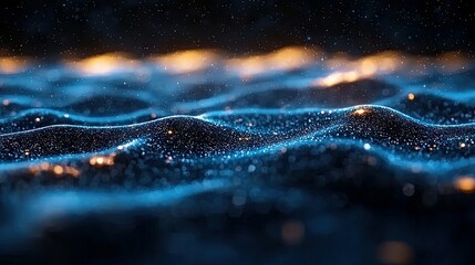 An abstract digital illustration of flowing waves with sparkling particles in a dark space, evoking a sense of data and technology.