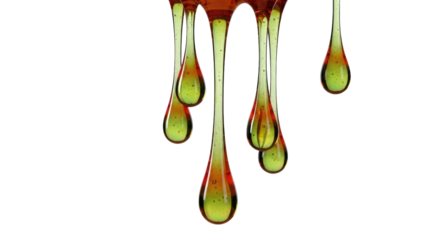 Hanging drops of green and amber liquid isolated PNG, decorative element for design projects and creative compositions
