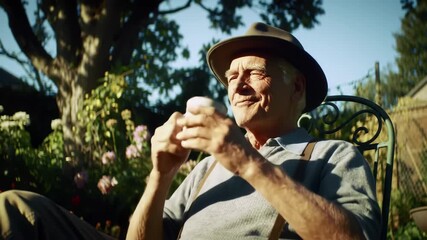 Elderly man enjoying a cup of coffee in a vibrant garden setting