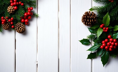 Rustic white wooden background featuring christmas greenery pine cones red berries and holly leaves arranged on the left side of the frame christmas background christmas holiday background winter deco