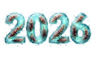 2026 Aqua Bubble Typography with Coral Elements, Underwater Fantasy Design