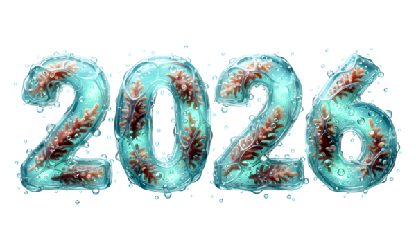 2026 Aqua Bubble Typography with Coral Elements, Underwater Fantasy Design