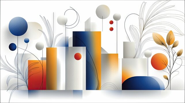 An abstract, modern composition featuring geometric shapes, spheres, and organic lines against a white backdrop. The artwork uses a color palette of orange, blu - Powered by Adobe