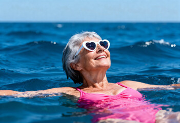 Senior woman swimming in the sea wearing heart-shaped sunglasses