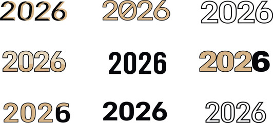 Collection of graphic designs featuring the year 2026 in various fonts and styles, including artistic and minimalist interpretations for diverse applications