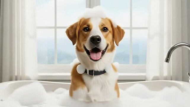 A charming brown and white dog happily enjoys a bubbly bath in a clean, brightly lit bathroom. Covered in white foam, the contented canine looks directly at the camera with a joyful expression, its to