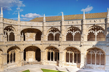 Obraz premium Architectural details of the Jeronimos Monastery, built in the early 16th century and continued for a hundred years, in Manueline architecture, by King Manuel I. Lisbon, Portugal, 2023