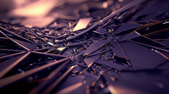 A close-up, abstract view of a dark, metallic surface shattered into sharp geometric fragments, with soft, warm light illuminating the scene. - Powered by Adobe