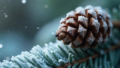 Close-up of pine cone with frost particles cinematic macro view - Powered by Adobe