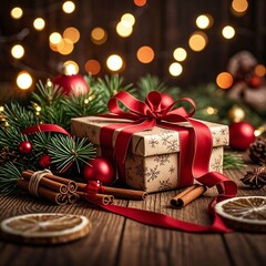 Festive Christmas gift with red ribbon and ornaments creating a warm holiday mood for family celebrations and cozy winter evenings
