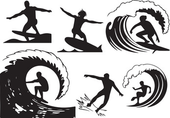 Silhouette illustration vector of a woman surfing the wave on the beach for sport fitness fun