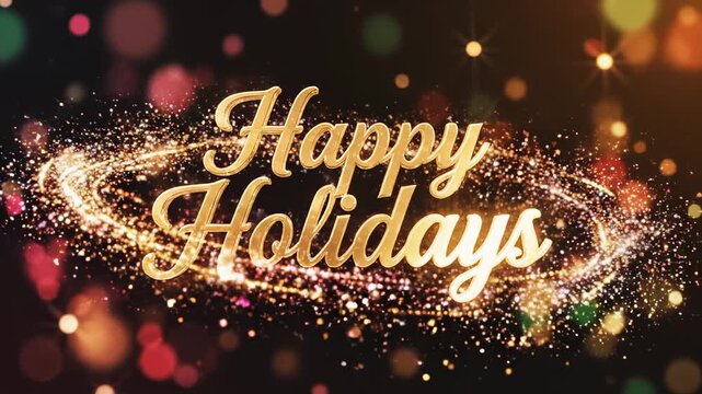 Sparkling Happy Holidays Greetings with Festive Bokeh Lights and Golden Dust.