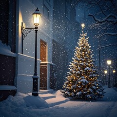 Magical snowfall on Christmas Eve illuminates a charming town with a festive Christmas tree and glowing vintage street lamps