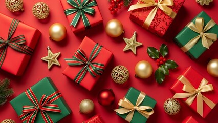 Festive Christmas gift flat lay on a vibrant red background, featuring green and red presents with shiny gold ribbons and ornaments.