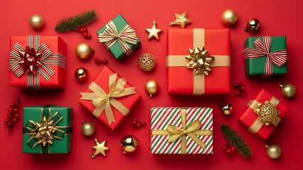 Festive Christmas gift flat lay on a vibrant red background, featuring green and red presents with shiny gold ribbons and ornaments.