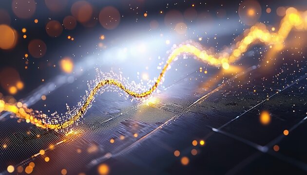 An abstract image showing a glowing golden line rising across a textured circuit board, with bokeh effect and a futuristic feel.
