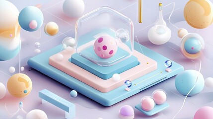 An abstract, geometric composition featuring spheres, cubes, and other shapes in pastel colors. The design is modern and visually appealing, with a clean and mi