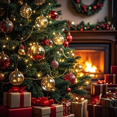 Cozy Christmas Eve scene with decorated tree, warm fireplace, and gifts ready for sharing festive cheer with family and loved ones