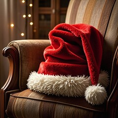 Cozy Christmas Eve Santa Hat on Armchair with Soft Holiday Lights Creating Warm and Nostalgic Holiday Atmosphere for Family Gatherings