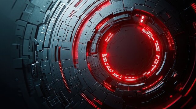 A detailed close-up of a complex, circular, futuristic structure with intricate metallic plating and glowing red lights. The background is dark and abstract.