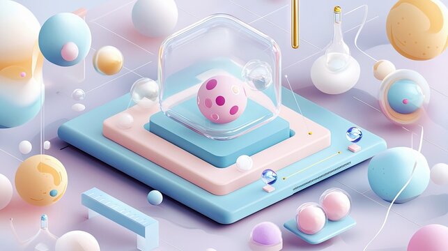 An abstract, geometric composition featuring spheres, cubes, and other shapes in pastel colors. The design is modern and visually appealing, with a clean and mi - Powered by Adobe