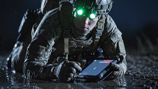 Soldier crawling on ground with tactical tablet. Military man using glowing screen map at night. Special force operation planning concept.