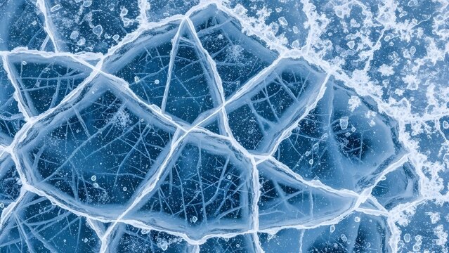 Close-up texture of cracked ice with geometric patterns, frozen bubbles, and frosty details creating a natural abstract winter background.