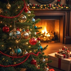 Experience the cozy warmth of Christmas with a beautifully decorated tree and a crackling fireplace, perfect for holiday marketing campaigns