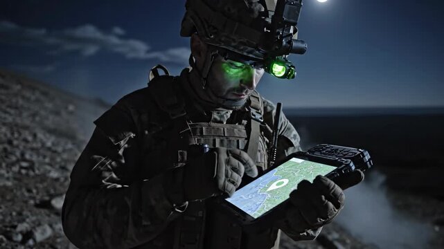 Man in military uniform operating a drone or performing reconnaissance using a rugged tablet for tactical map navigation at night.
