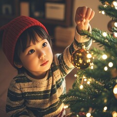 Adorable little girl decorates Christmas tree with golden ornaments creating a heartwarming holiday scene filled with joy and festive cheer