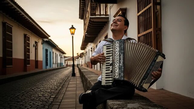 Musician joyfully playing accordion in rustic street at sunset