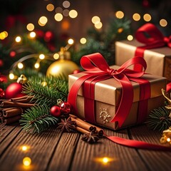 Elegant golden Christmas presents with red ribbons and festive cinnamon sticks on a rustic wooden table create a warm holiday glow
