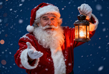 Man in Santa costume holding lantern in falling snow