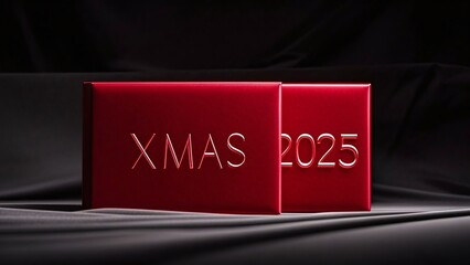 Celebrate Christmas 2025 with elegant red gift boxes against a luxurious dark backdrop, a modern and festive visual for holiday promotions