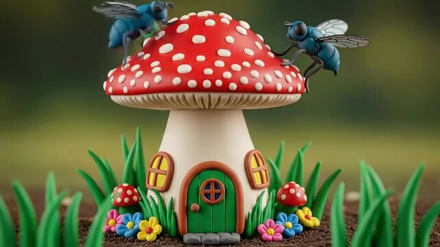 A delightful claymation mushroom house, adorned with a vibrant red spotted cap, a cheerful green door, and small yellow-framed windows, stands majestically amidst lush green grass and an array of colo