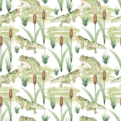 Watercolor frog animal seamless pattern,  cute repeat paper, wild life print