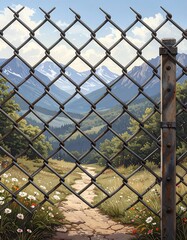 Scenic path through a chain-link fence