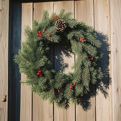 Classic evergreen Christmas wreath with red berries and pinecone adorning rustic wooden door for a cozy holiday welcome