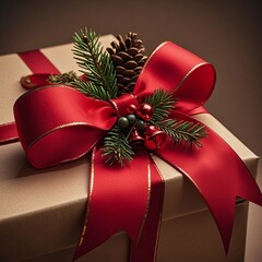 Elegant Christmas gift with vibrant red ribbon, pine cone, and festive ornaments, perfect for holiday promotions and seasonal campaigns now