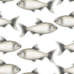 Watercolor sea fish animal seamless pattern, ocean fish repeat paper, wild life print