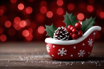 Red ceramic Christmas sleigh with pinecone and holly berries on wooden table, cozy festive still life perfect for holiday cards, winter decor, and advertising.