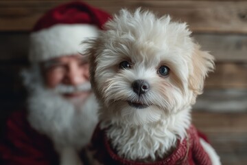 Cute small white dog in red sweater sitting in front of Santa Claus, heartwarming Christmas pet portrait ideal for holiday campaigns and festive advertising.
